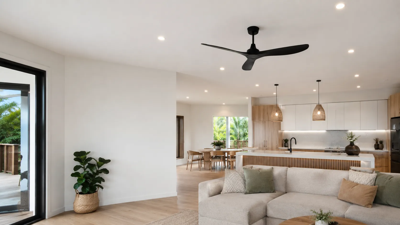 Modern Sunshine Coast home interior with downlights and ceiling fan